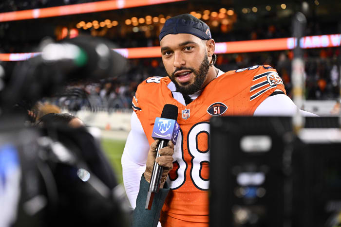 Chicago Bears defensive lineman Montez Sweat (98) is interviewed for television after a 16-13 win over the Carolina Panthers at Soldier Field.